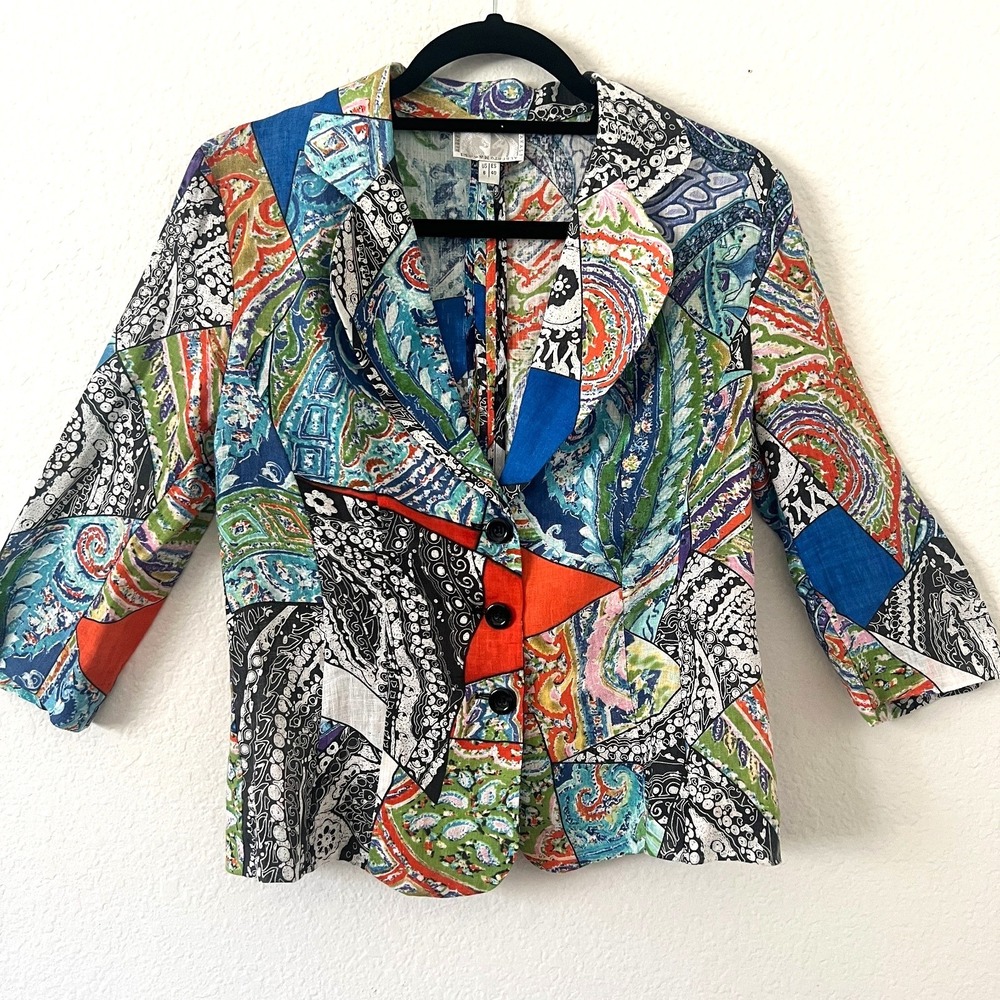 Vintage 90s Alberto Makali Sz‎ 6 Abstract 100% Linen Blazer Buttons Patchwork
